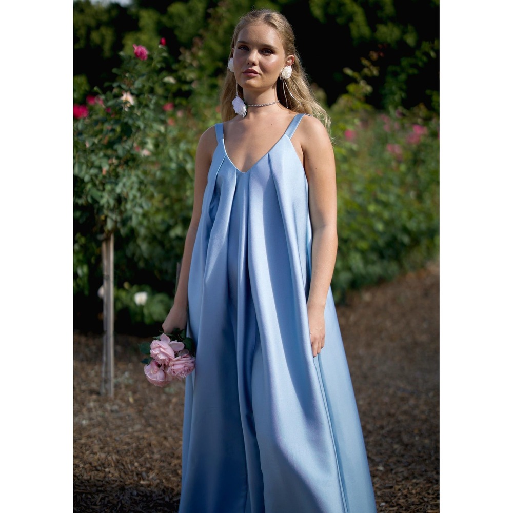 Maison Amory The Dusty Blue Reign Maxi Dress Pleated Satin Formal Size S NEW
